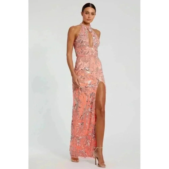 NEW Mac Duggal 6030 Sequin Punge Cutout Back Gown SZ 2 Coral-beads missing